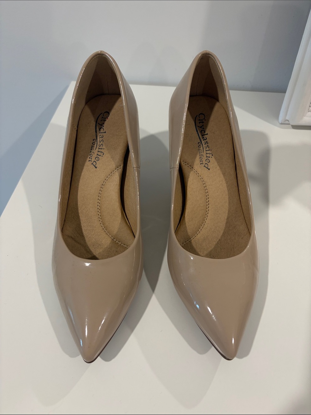 Cityclassified Beige Patent Pointed-Toe Pumps